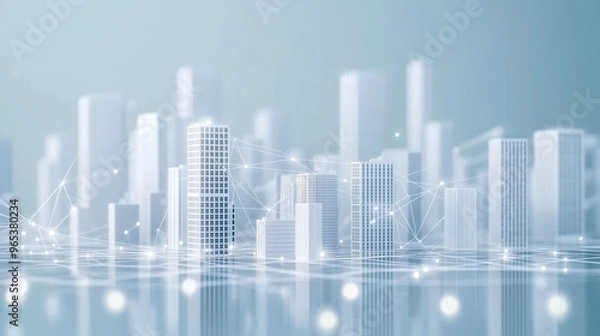 Fototapeta Abstract city model featuring glowing points and connecting lines, representing the integration of technology in a futuristic smart city environment.