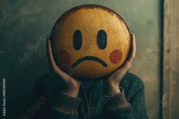 Obraz A man holding a yellow sad face mask, This image show the depression. Created with Ai