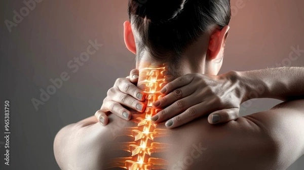 Fototapeta Woman with neck pain - highlighted part of the spine