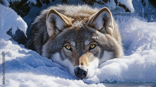 Fototapeta Close-up of a Wolf's Face Partially Submerged in Snow