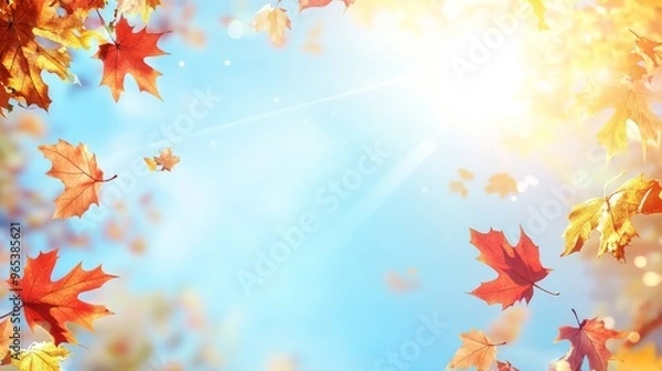 Obraz autumn background featuring yellow leaves and sun rays against a blue sky, ideal for an autumn season concept banner with ample copy space for text