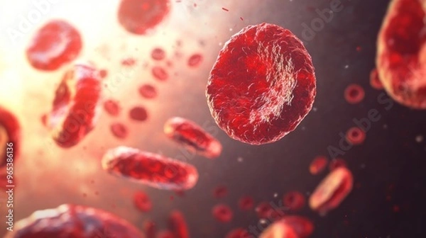 Fototapeta The image depicts a close-up, 3D illustration of red blood cells within the circulatory system, highlighting their biconcave disc shape essential for oxygen transport.