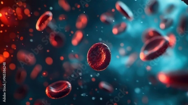 Fototapeta This image depicts a close-up representation of red blood cells with a focus on a single cell, signifying a microscopic view within the bloodstream.