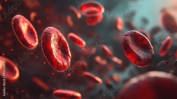 Fototapeta This image depicts a close-up, highly-detailed visualization of red blood cells flowing within the bloodstream, highlighting the cells' structure and the fluid environment they're in.