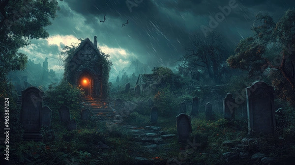 Fototapeta A graveyard with a small house and a cemetery with many graves
