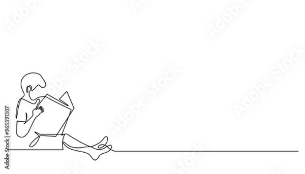 Fototapeta continuous line of child reading a book in a relaxed manner.one line drawing of out-of-school activities reading a story book.vector illustration.isolated white background