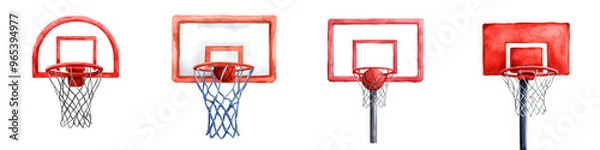 Fototapeta Collection of basketball hoops in various designs, showcasing their structures and colors ideal for sports-themed projects.