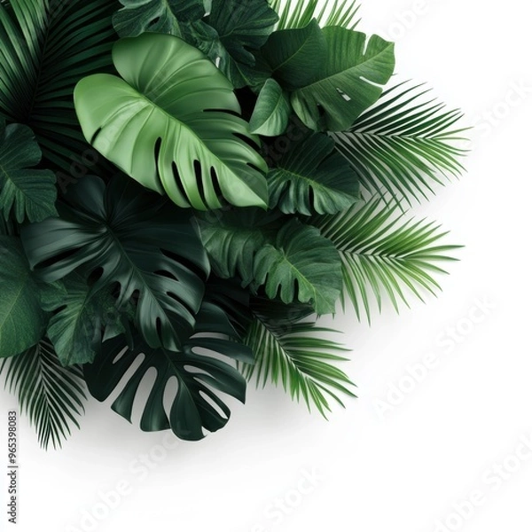 Fototapeta A close-up of overlapping jungle leaves with shadows