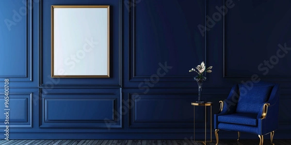 Fototapeta Empty Picture Frame Against Blue Wall with Window Shadow