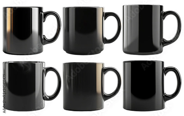 Fototapeta Black ceramic coffee mugs in different angles isolated on transparent background