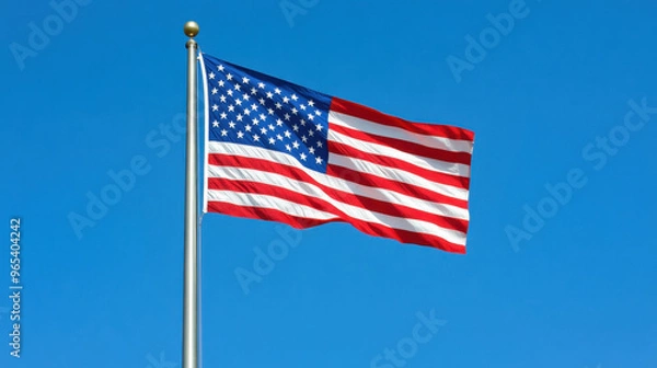 Fototapeta American flag waving against a clear blue sky, symbolizing pride, freedom, and patriotism in the United States.