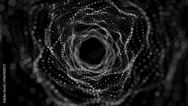 Obraz Futuristic dynamic wireframe tunnel on black background. Digital data flow. Progressive IT technologies. 3d rendering.	