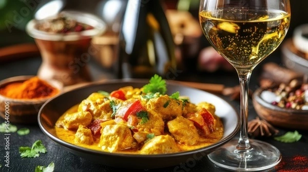 Fototapeta A plate of spicy curry paired with a glass of sweet riesling, set on a table with colorful spices scattered around