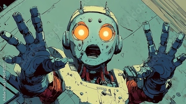 Fototapeta A surprised robot raising hands in a futuristic setting with glowing eyes