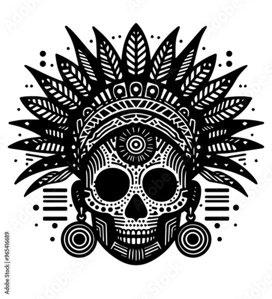 Fototapeta Tribal skull with intricate feathered headdress in a bold tattoo style. This black and white design is ideal for Halloween or Dia de los Muertos themes, combining tribal art with spooky and gothic ele