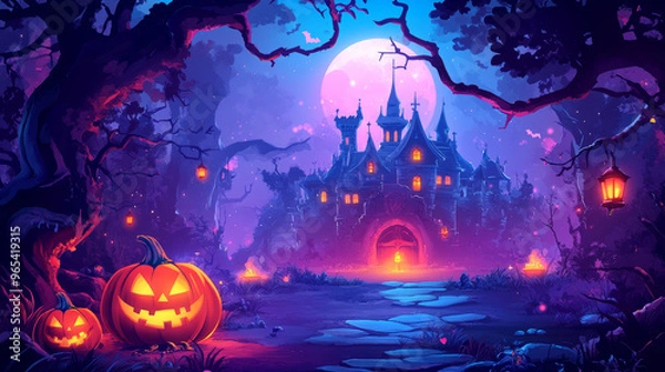 Fototapeta A glowing jack-o'-lantern lights up the eerie graveyard where a haunted house looms. Mysterious creatures wander in a fantasy landscape on Halloween night