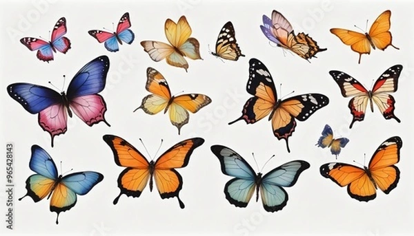 Fototapeta Watercolor set of colorful butterflies with beautiful wings  on white background