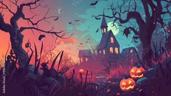 Obraz Flat Vector Illustration of Halloween Background with Haunted House, Pumpkin and Scary Tree. Graveyard Scene for Halloween Lantern Festival Vector Graphic Design. Scary Halloween Night Banner Template