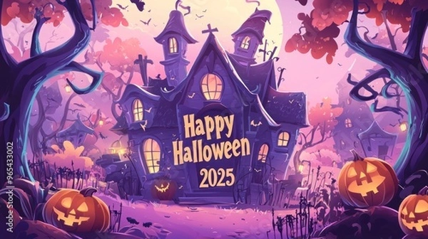 Fototapeta Flat Vector Illustration of Halloween Background with Haunted House, Pumpkin and Scary Tree. Graveyard Scene for Halloween Lantern Festival Vector Graphic Design. Scary Halloween Night Banner Template