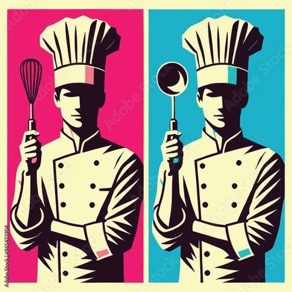 Fototapeta Male chef holding kitchen equipment and wearing a chef's hat and uniform. Vector illustration