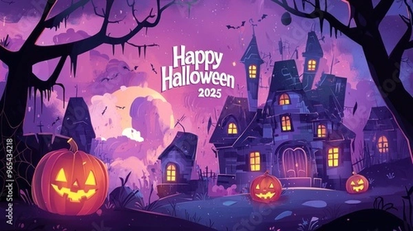 Fototapeta Flat Vector Illustration of Halloween Background with Haunted House, Pumpkin and Scary Tree. Graveyard Scene for Halloween Lantern Festival Vector Graphic Design. Scary Halloween Night Banner Template