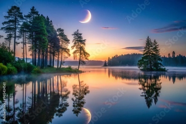 Fototapeta A serene evening landscape with a peaceful lake surrounded by towering trees, a crescent moon rising above the misty horizon.