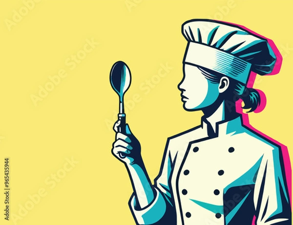 Fototapeta Female chef checking soup spoon for cleanliness before using. Vector illustration