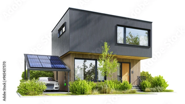 Obraz Modern house with solar charging station and electric car on a transparent background