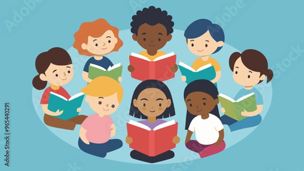 Fototapeta Children Reading Together: A group of diverse children sitting in a circle, engrossed in reading books.
