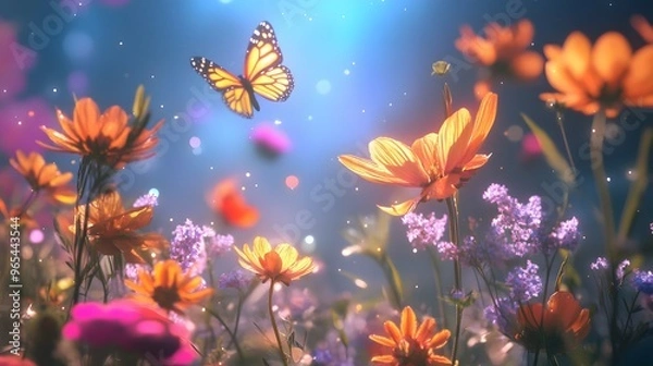 Fototapeta コスモスの花畑と蝶