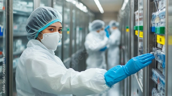 Fototapeta A worker in cold storage facility wearing protective gear and gloves, carefully organizing frosted shelving units filled with supplies. environment is sterile and professional