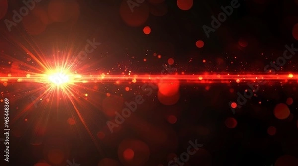 Fototapeta Red burst of light with sparkling particles on a dark background during night
