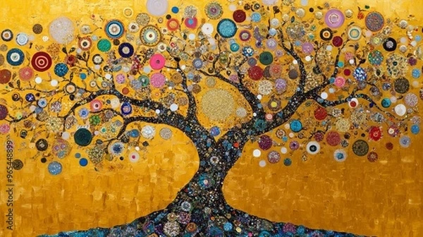 Fototapeta Colorful tree of life artwork with decorative circles on a golden background