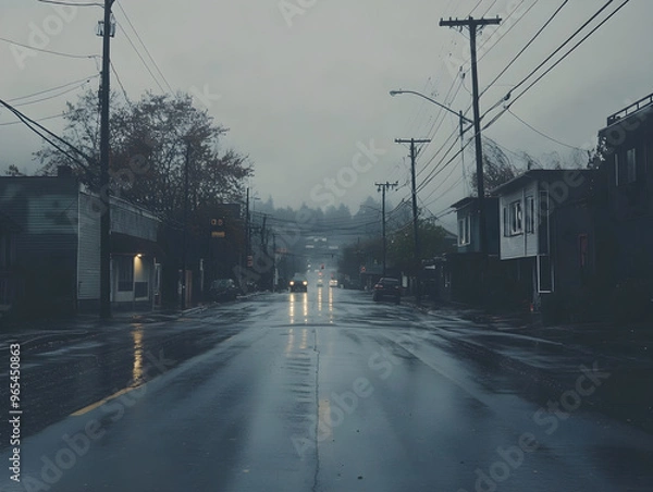 Fototapeta Desolate Urban Street Scene on Rainy Day with Reflections on Wet Pavement, Moody Atmosphere, Cool Gray and Blue Palette, Solitude and Tranquility in City Landscape, Small Shops and Utility Poles