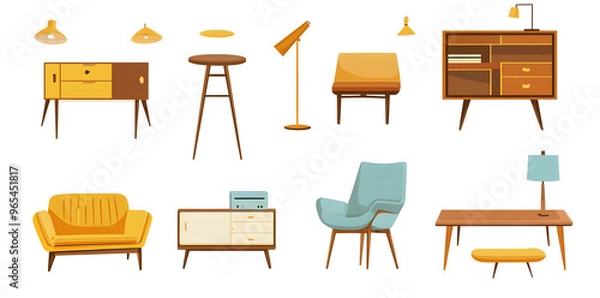 Fototapeta Set of trendy sofas, armchairs, with cushions in retro mid-century style. Modern soft furniture collection