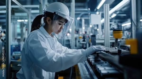 Fototapeta A Workers in modern industrial plants operate advanced machinery with precision, wear protective clothing, and are dedicated to their jobs. Human skills and technological integration