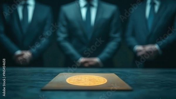 Fototapeta Covert meeting in a shadowy underground room, with only the faint glow of a secret map on the table