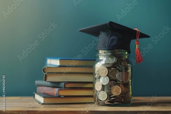 Fototapeta A motivational image showing a jar filled with coins, topped with a graduation cap, symbolizing saving for education, with a stack of books beside it against a teal backdrop.