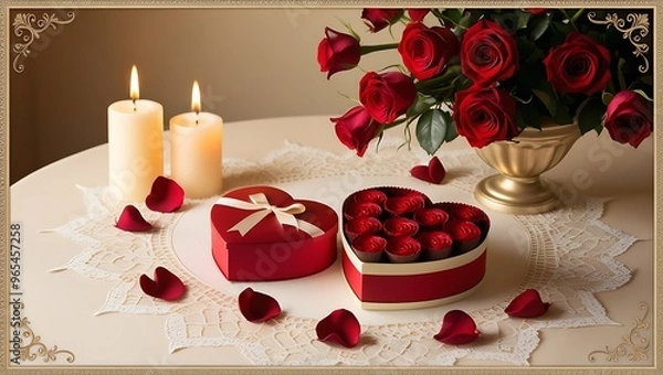 Fototapeta A romantic table setting with roses, candles, and a heart-shaped box of chocolates, perfectly capturing the spirit of Valentine's Day