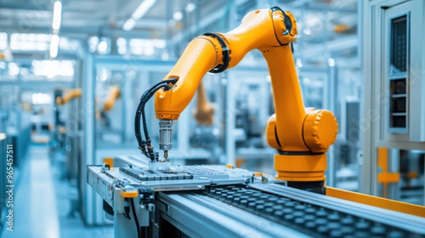 Fototapeta Robotic arm operating on an assembly line in an advanced factory, highlighting automation, technology, and modern manufacturing