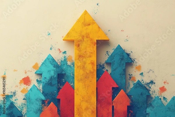 Fototapeta An abstract graphic of a single arrow pointing upward among a series of horizontal arrows, set against a pastel beige background,