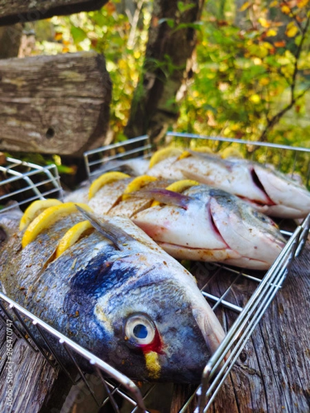 Fototapeta Freshly grilled fish with lemon slices in a wire rack, set in a rustic outdoor setting surrounded by greenery during the daytime