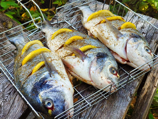 Fototapeta Freshly grilled fish with lemon slices in a wire rack, set in a rustic outdoor setting surrounded by greenery during the daytime