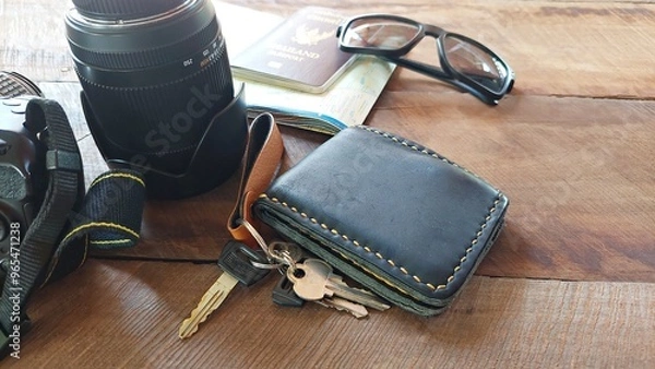 Fototapeta Prepare your camera, photography lenses, glasses, wallet, passport on the wooden floor to check off your travel preparation list.