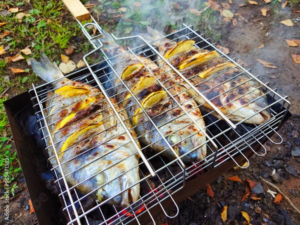 Fototapeta Freshly grilled fish with lemon slices in a wire rack, set in a rustic outdoor setting surrounded by greenery during the daytime