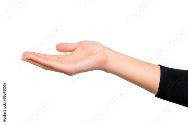 Fototapeta Female hand keeping empty cupped palm isolated on white background
