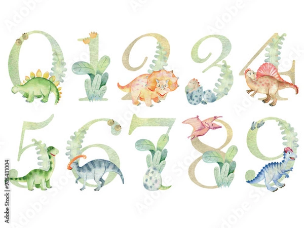 Fototapeta Vector watercolor dinosaurs numbers for invitation card, nursery poster and other.