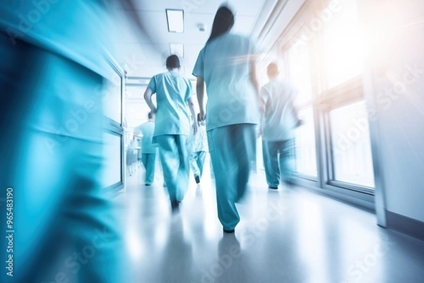 Obraz Hospital staff in blue scrubs walking dynamically through a corridor – Concept for healthcare, nursing, and medical services