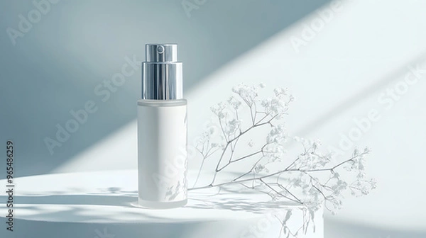 Fototapeta luxurious cream bottle with silver accents, placed on a smooth white surface with subtle shadows to emphasize the clean