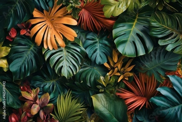Fototapeta Lively exotic leaves set against a rich background showcasing a cyber monday sale image